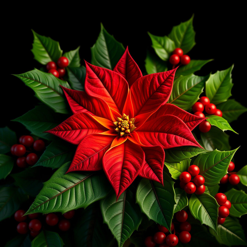 Poinsettia Flower with Holly in 3D Render Style