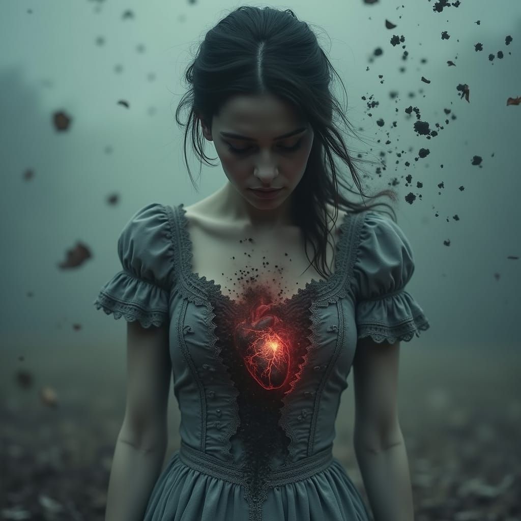 Sorrowful Woman in Tattered Victorian Dress with Dying Heart