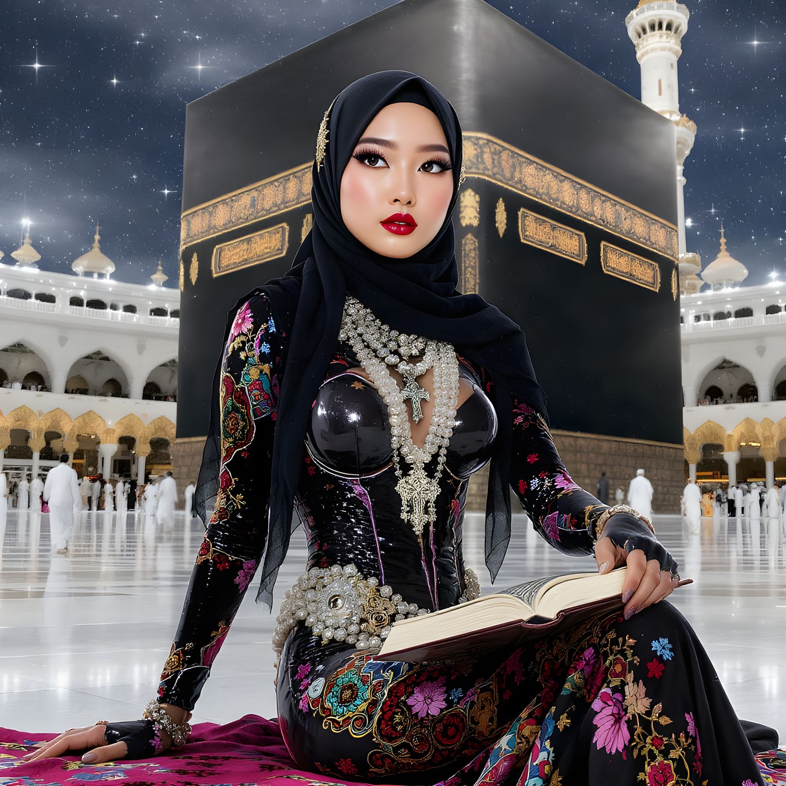 Woman with Quran at Ka'bah in Vibrant Style