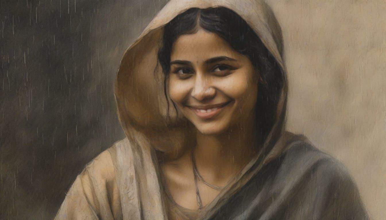 Indian Woman in Rain: Vintage Charcoal Portrait