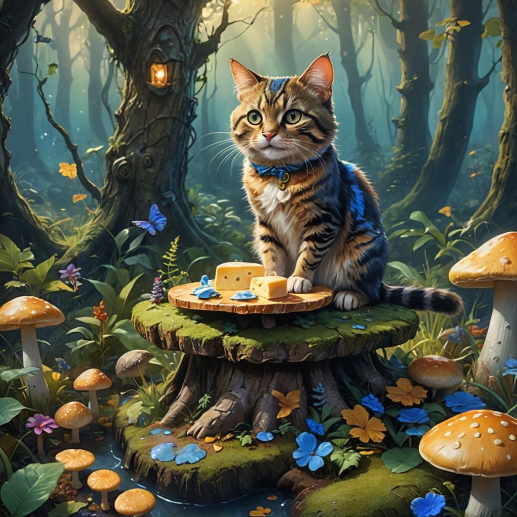 Cat and Mouse Share Cheese in Enchanted Forest