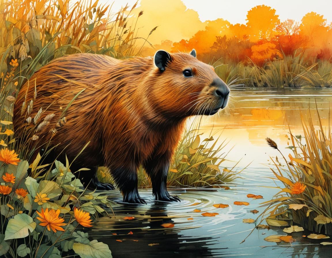 Capybara by River in Watercolour and Ink Illustration