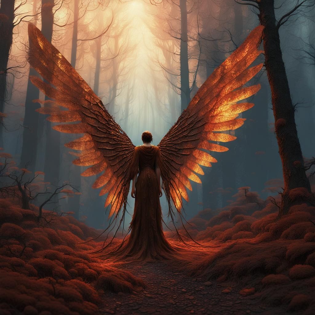 Mystical Rust Angel Spreads Wings in Dark Forest