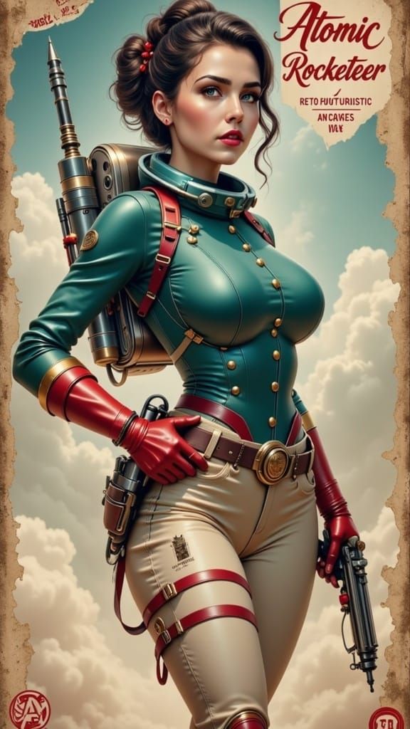 Vintage Pin-Up Rocketeer in Teal Uniform with Retro-Futurist...