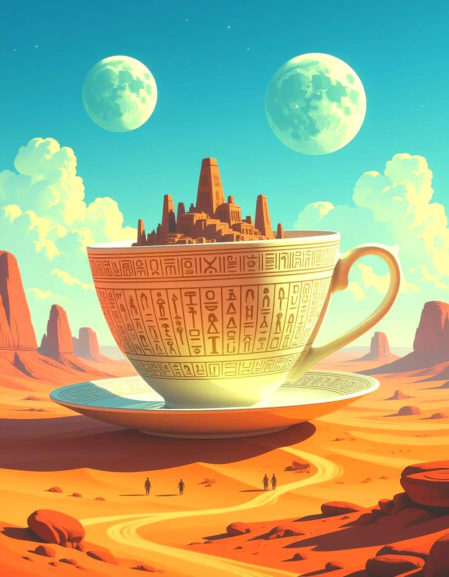 Colossal Teacup in Alien Desert Landscape