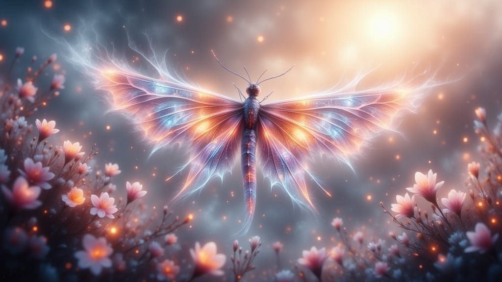 Ethereal Dragon-Butterfly Hybrid in Misty Valley