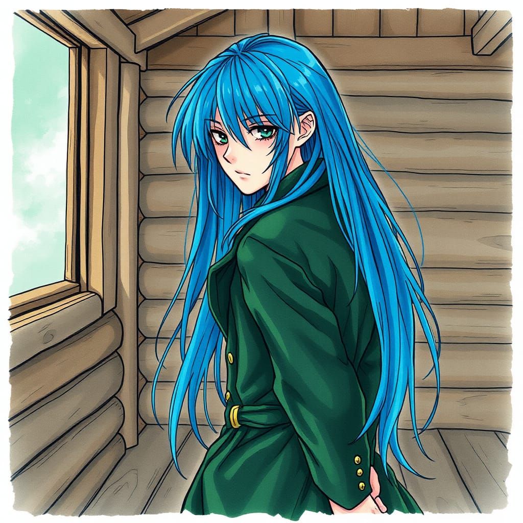 Melancholic Man with Neon Hair in Manga Style