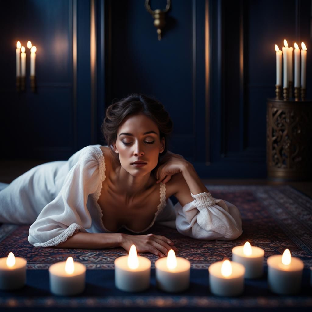 Woman on Rug in Blue Room with Bokeh Lighting