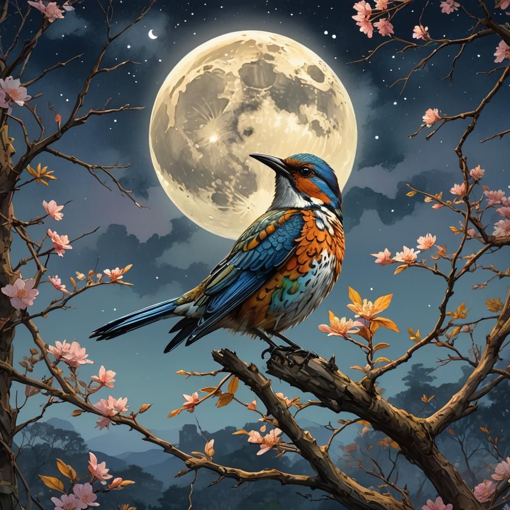 Colorful Bird Under Moon, Watercolor Concept Art