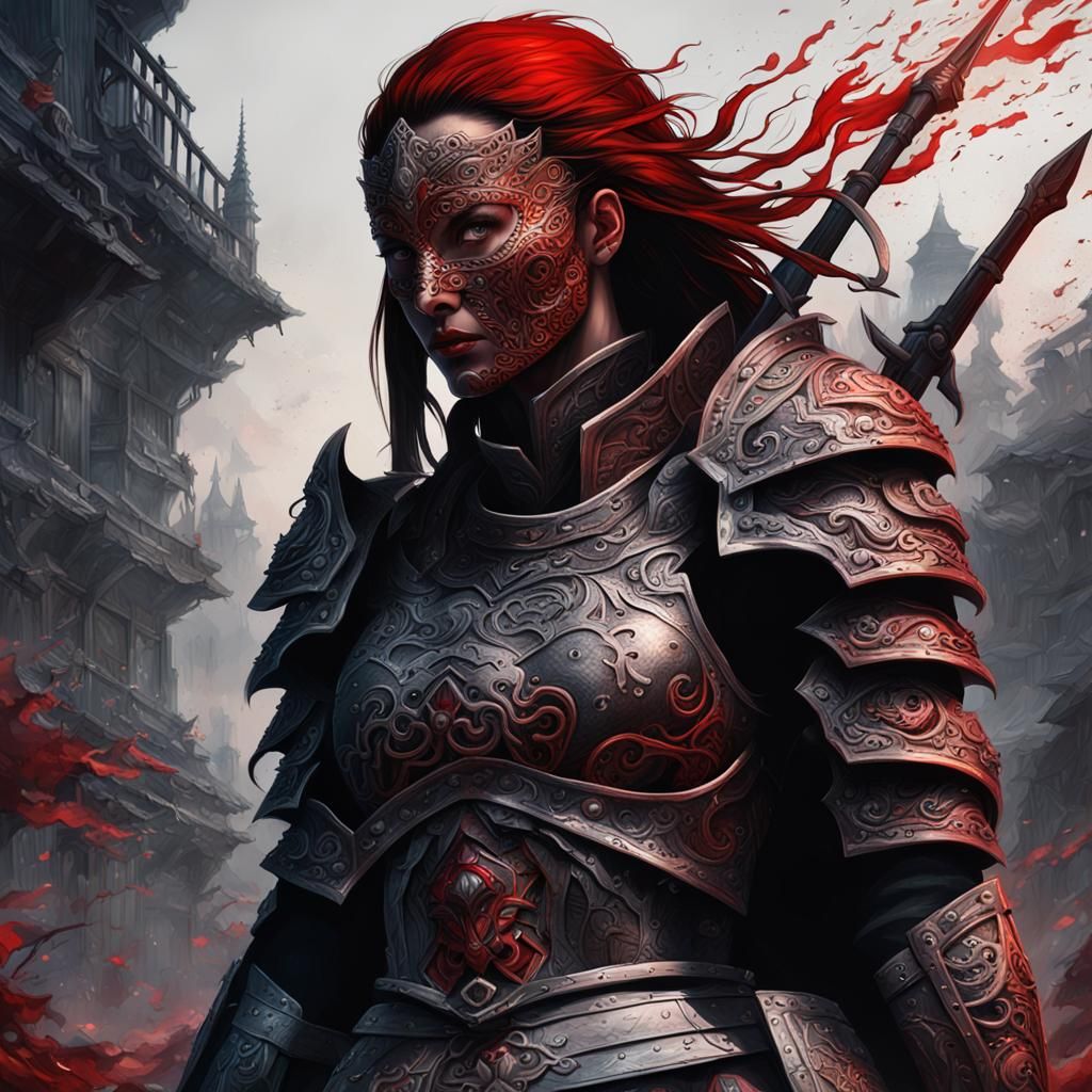 Red Armored Warrior Woman in Hell, Dark Fantasy Art