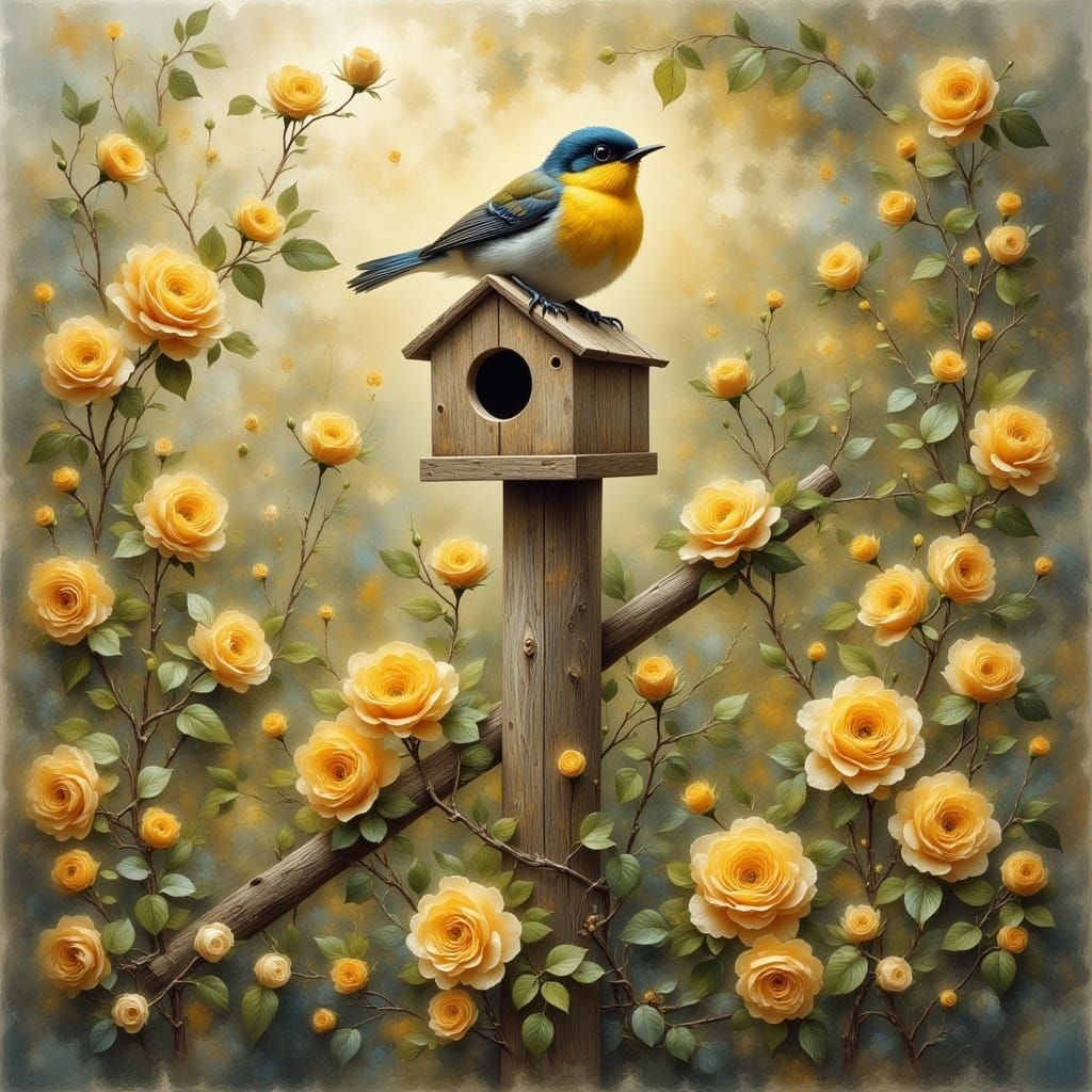 Bird on Fence Post with Roses in Rustic Style