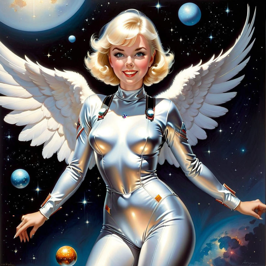 Angelic Spacesuit Pin-Up in Impressionistic Oil Painting