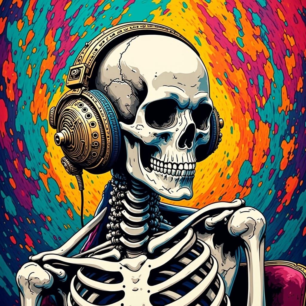 Victorian Skeleton with Headphones in Rothko-Inspired Art
