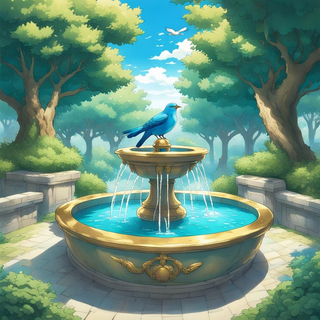 Turquoise Water Fountain with Birds in Anime Style