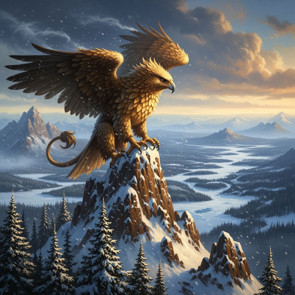 Golden Griffin on Snow-Capped Peak: Heroic Fantasy Art