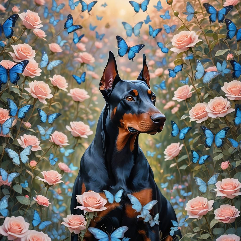 Anime Doberman Pinscher in Rose Field with Butterflies