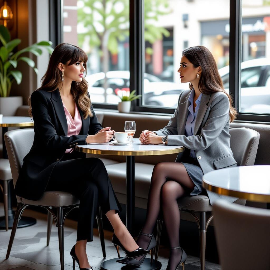 Two Women in Cafe Meeting, Hyperrealistic Style