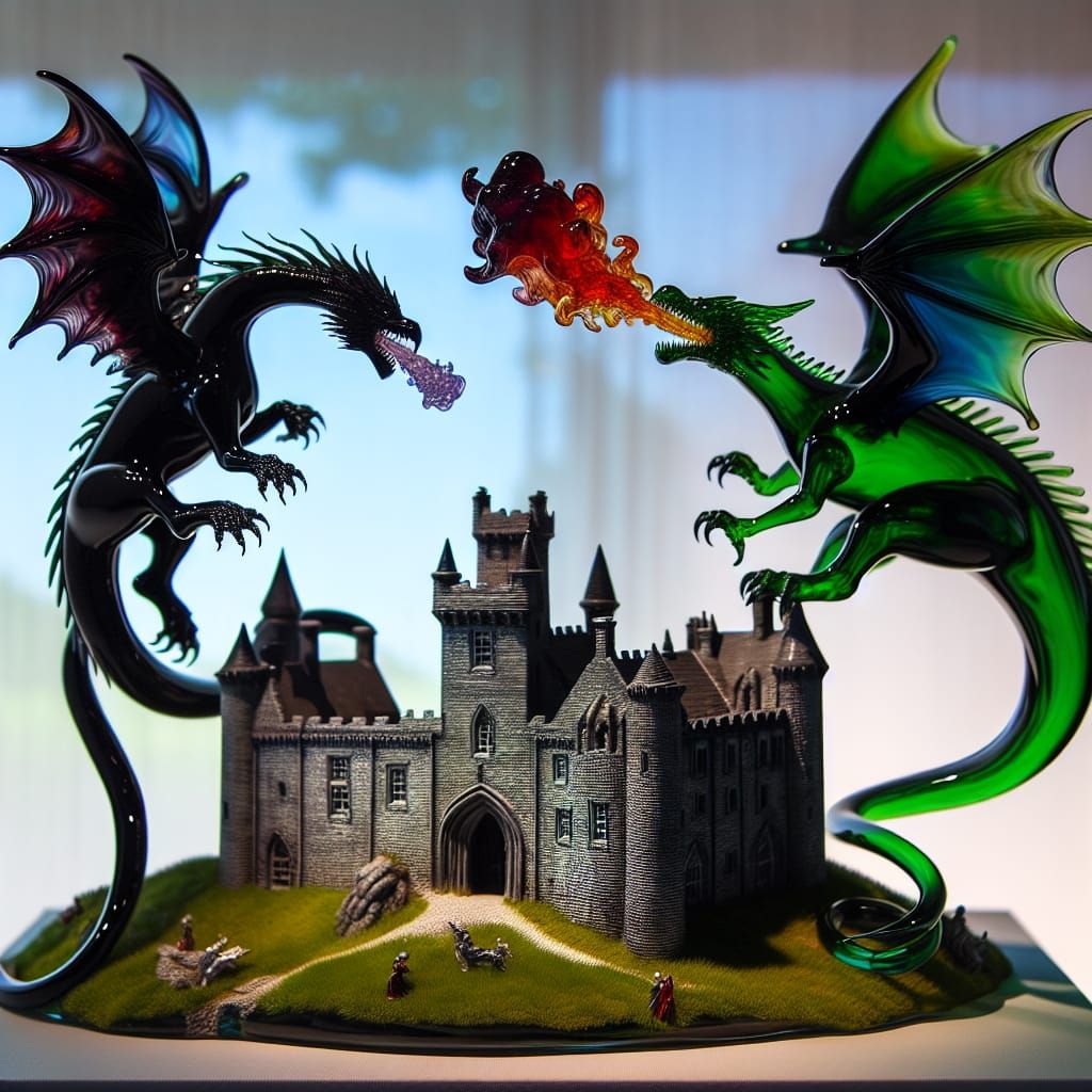 Glass figurine of Two dragons, A black Fire breathing mediev...