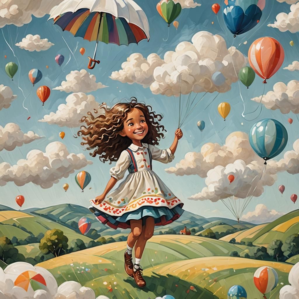 Whimsical Girl Flying with Balloons: Children's Book Illustr...