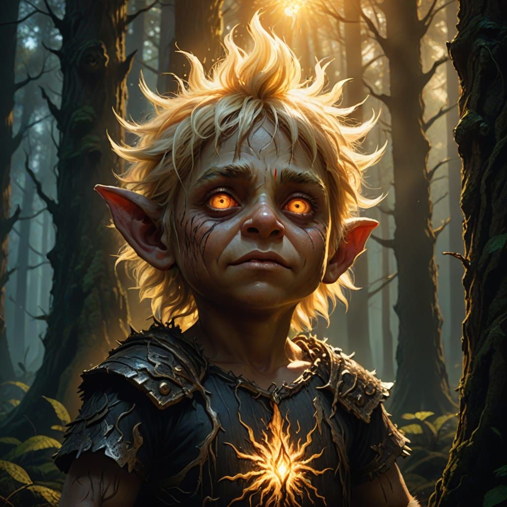 Child Troll in Forest, Vibrant Oil Painting