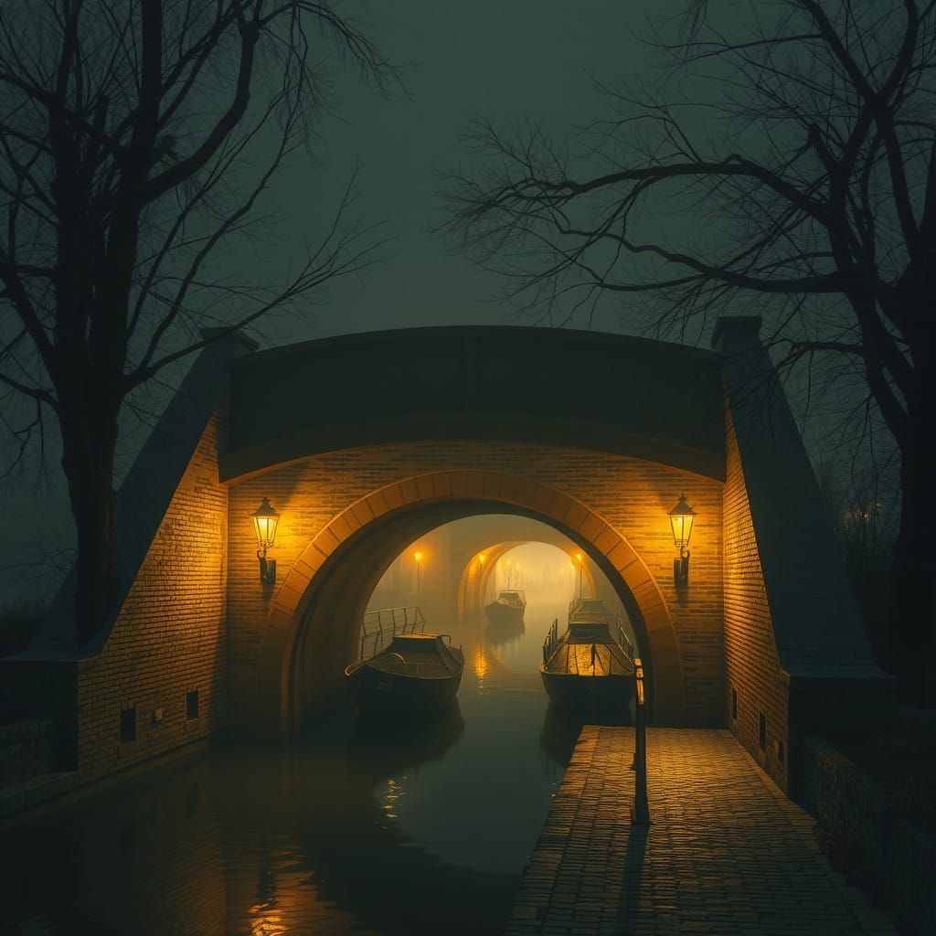 Ethereal Victorian Brick Bridge at Night with Lanterns and S...
