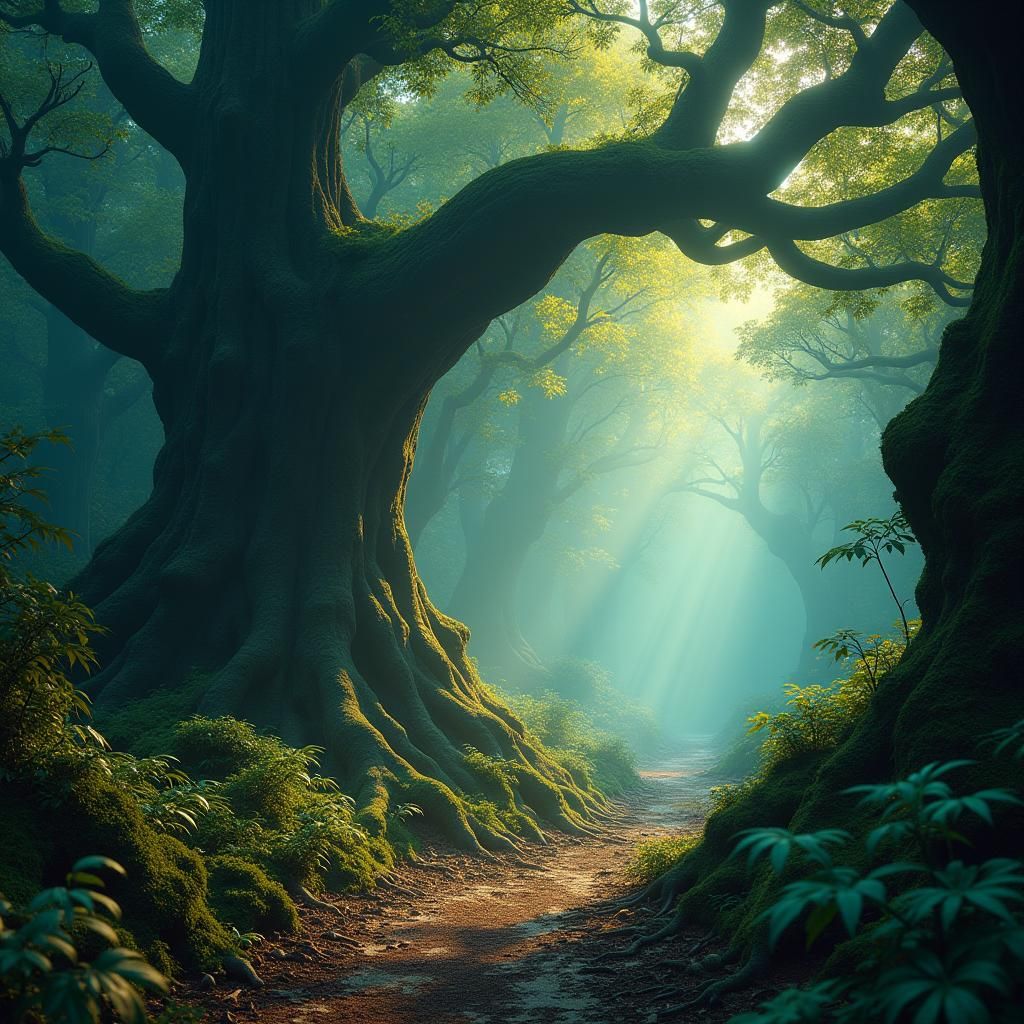 Cryptid in Mystical Woods, Matte Painting Style