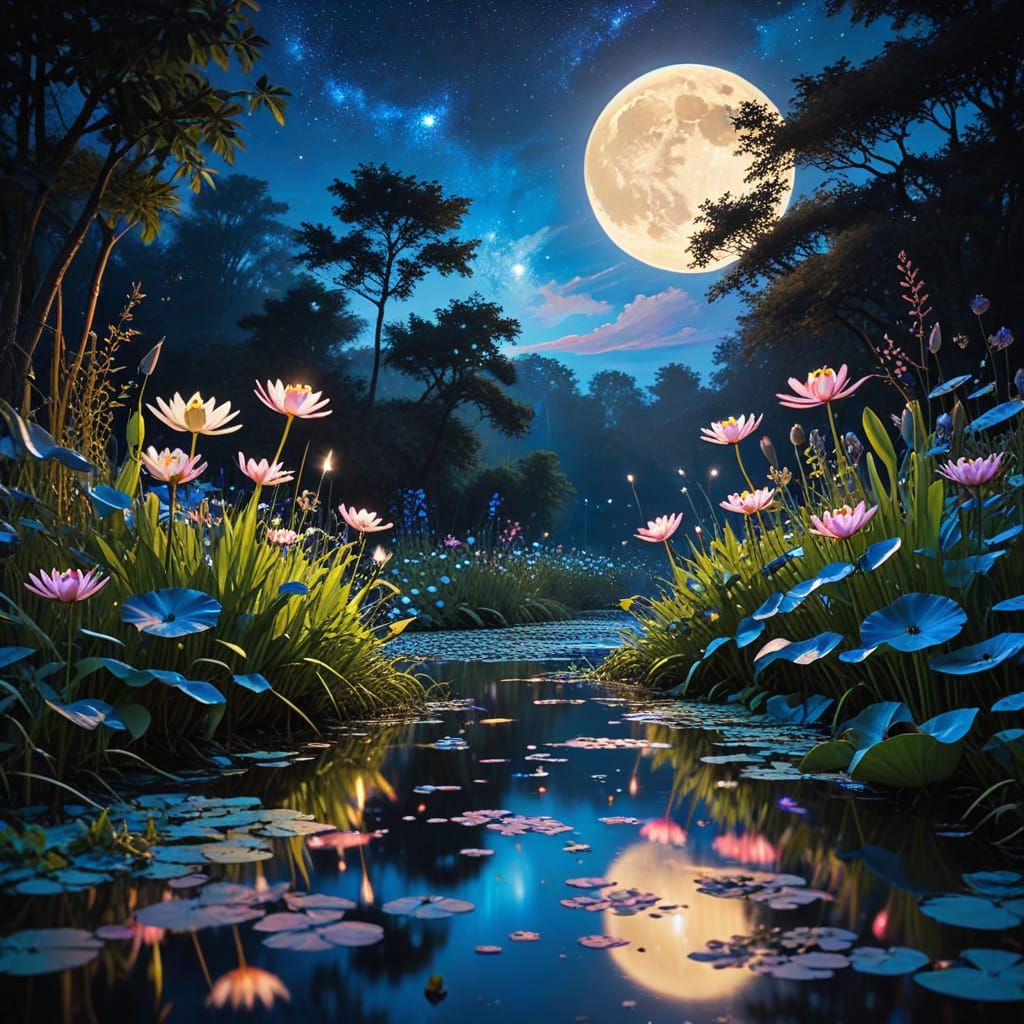 Moonlit Serenity: Electric Blue Night Scene with Tranquil Po...