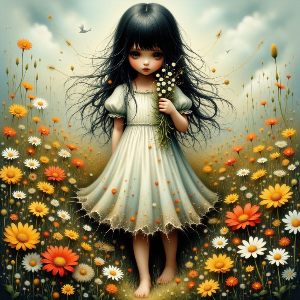 Melancholic Child in Wildflower Field, Hyperrealistic Digita...