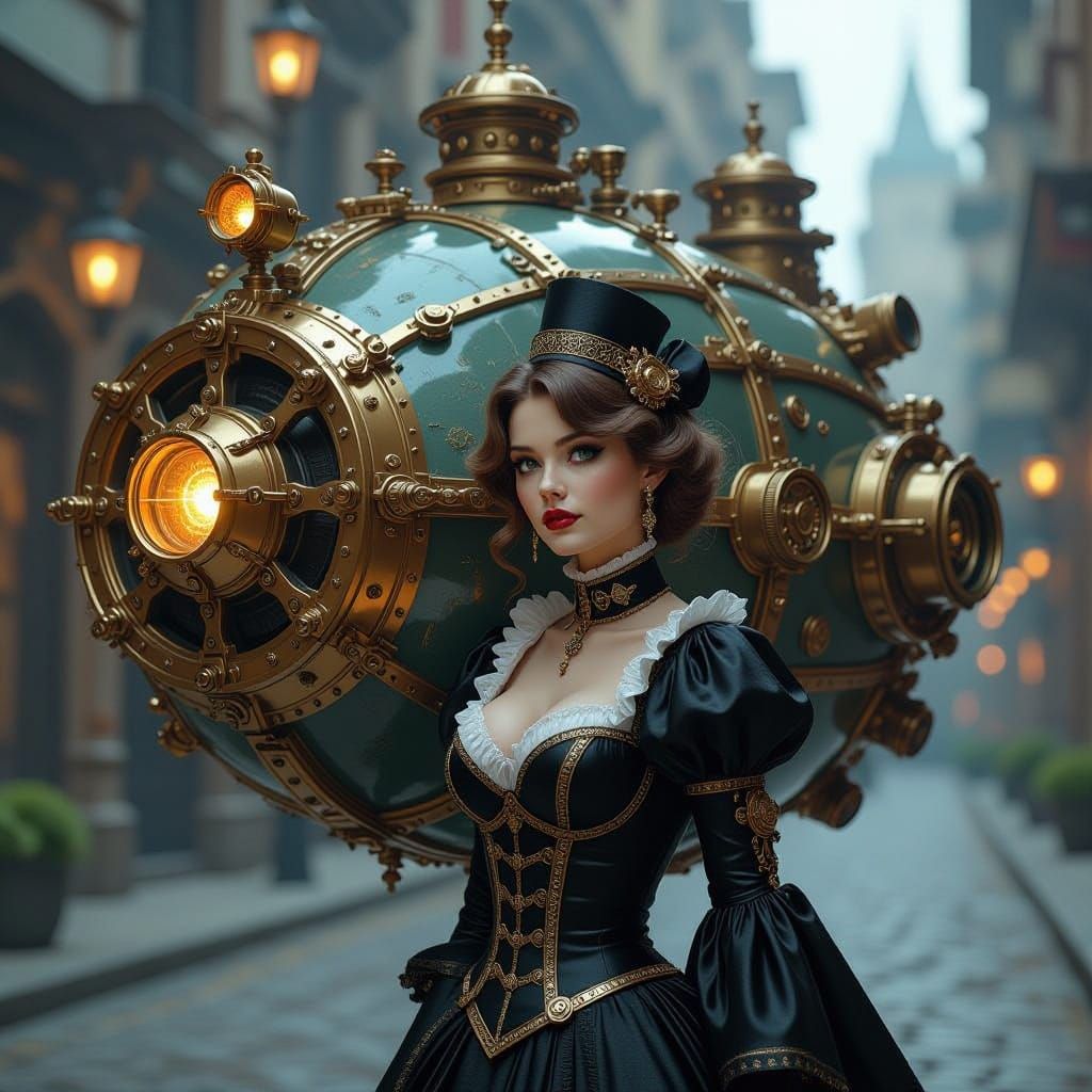 Steampunk Time Machine Girl in Gothic Sci-Fi Style