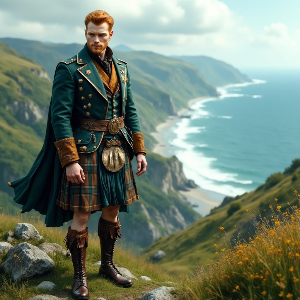 Scottish Highlander on Green Hill by Shimmering Sea