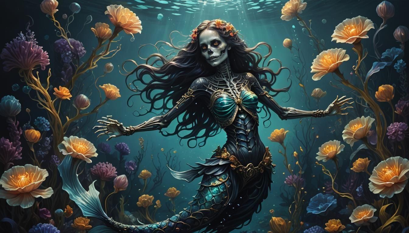 Dark Skeleton Mermaid in Bioluminescent Deep Sea