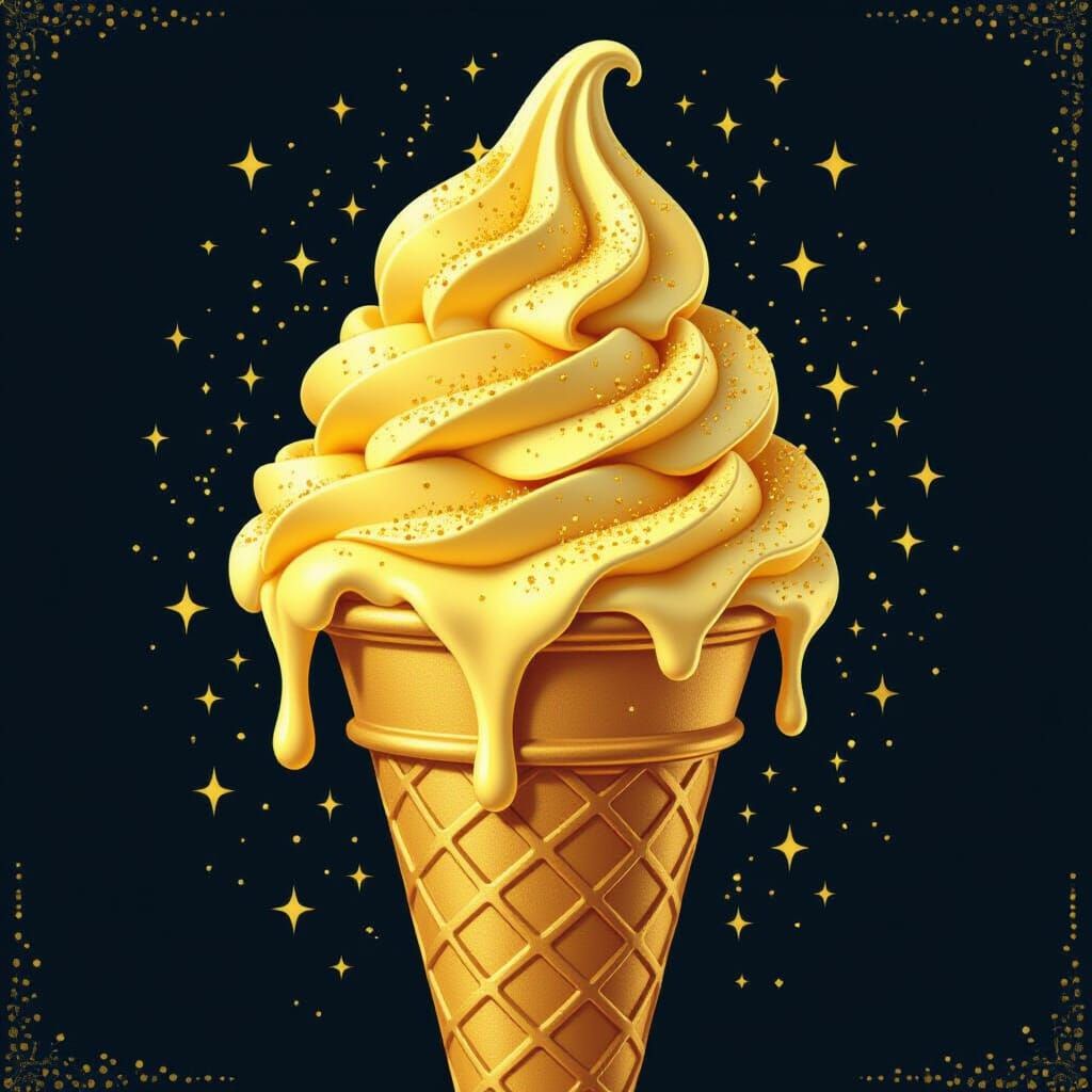 Golden Glitter Ice Cream Cone: Whimsical Art