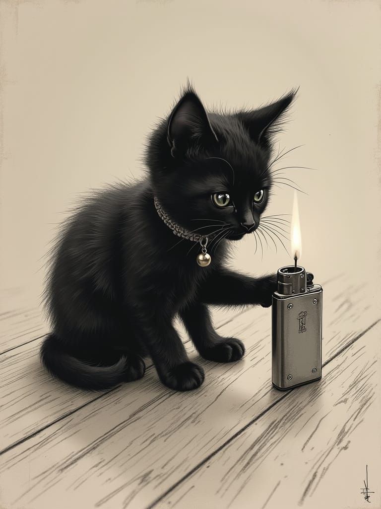 Hyperdetailed Portrait of a Small Kitty in a Charcoal Drawin...