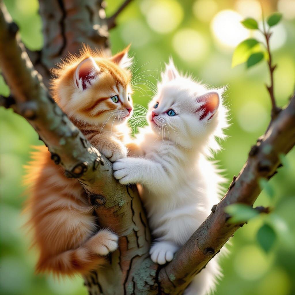 Two Fluffy Kittens Climbing a Tree in Gouache Style