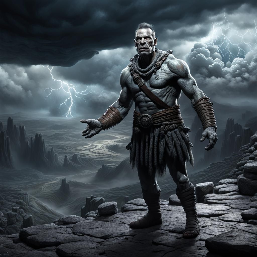 Prehistoric Man and Lightning Strike, Dark Fantasy Art