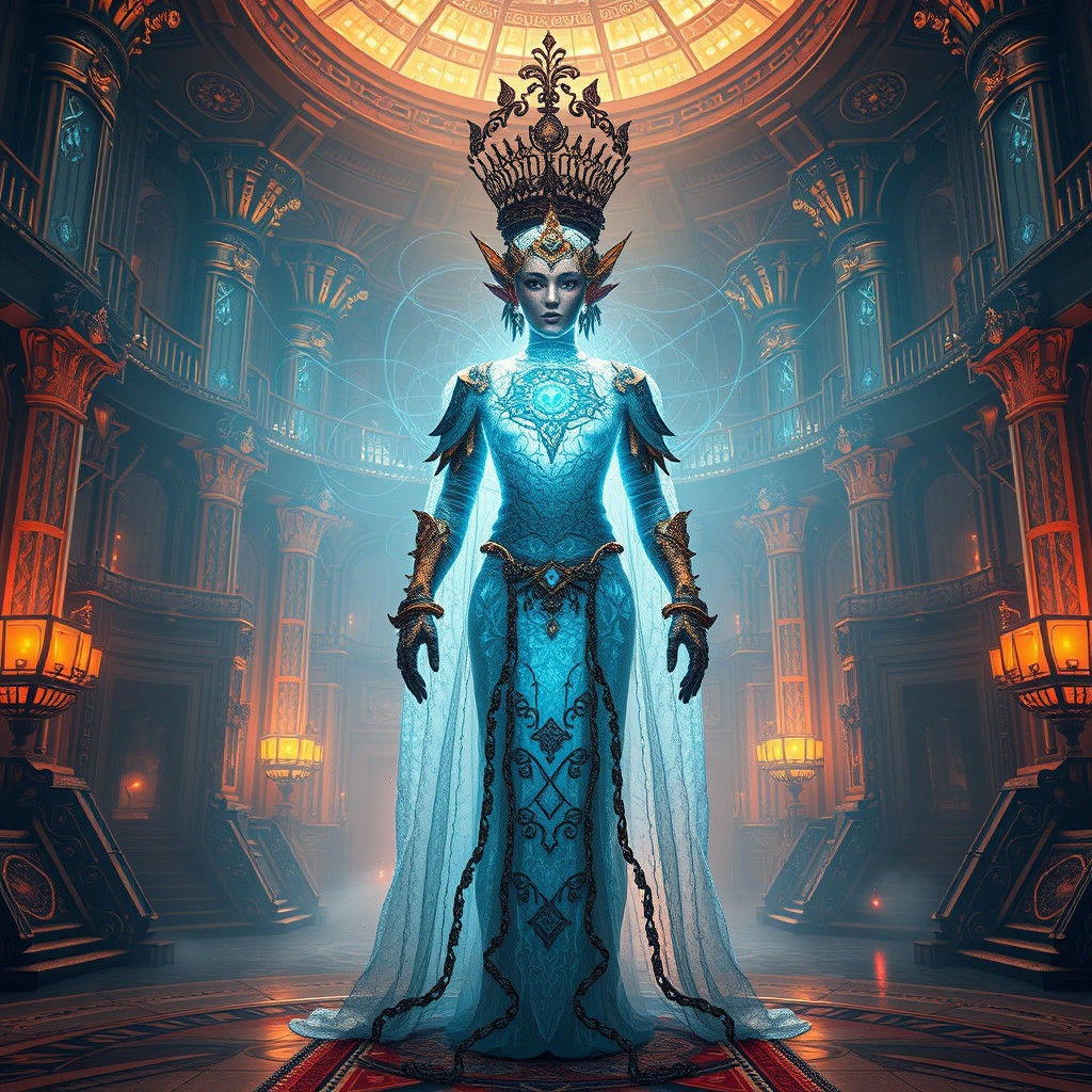 Holographic Monarch in Dystopian Palace, Digital Art