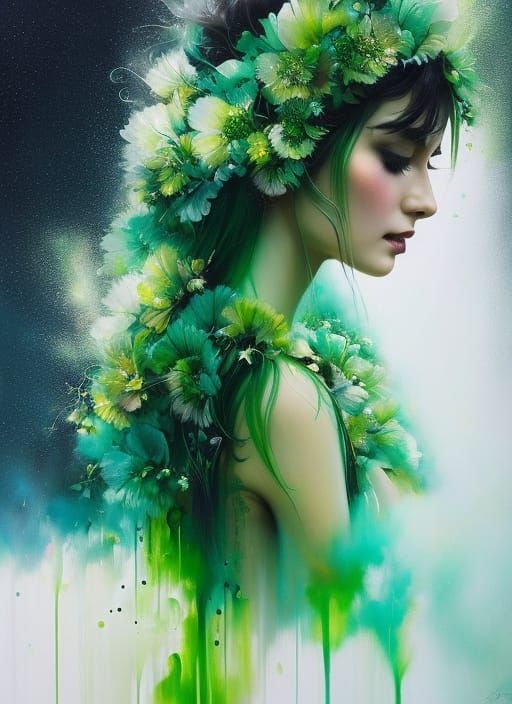 Green Dianthus Goddess in Liquid Gouache Style