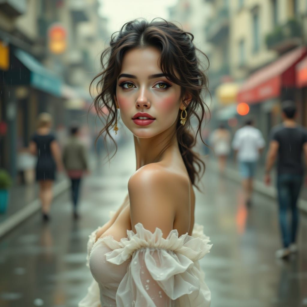 Woman in Gentle Rain on Quiet City Street