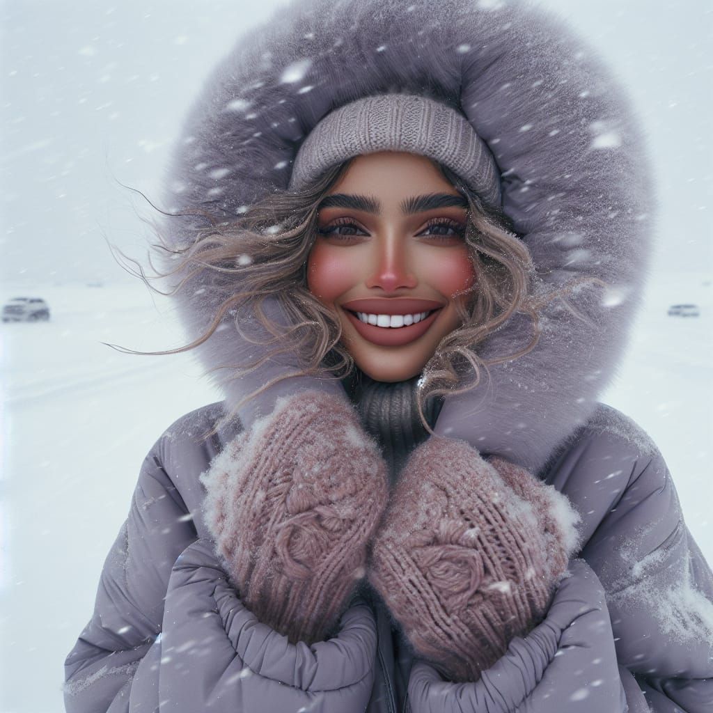 Cheerful Woman in Lavender Jacket Amid Blizzard