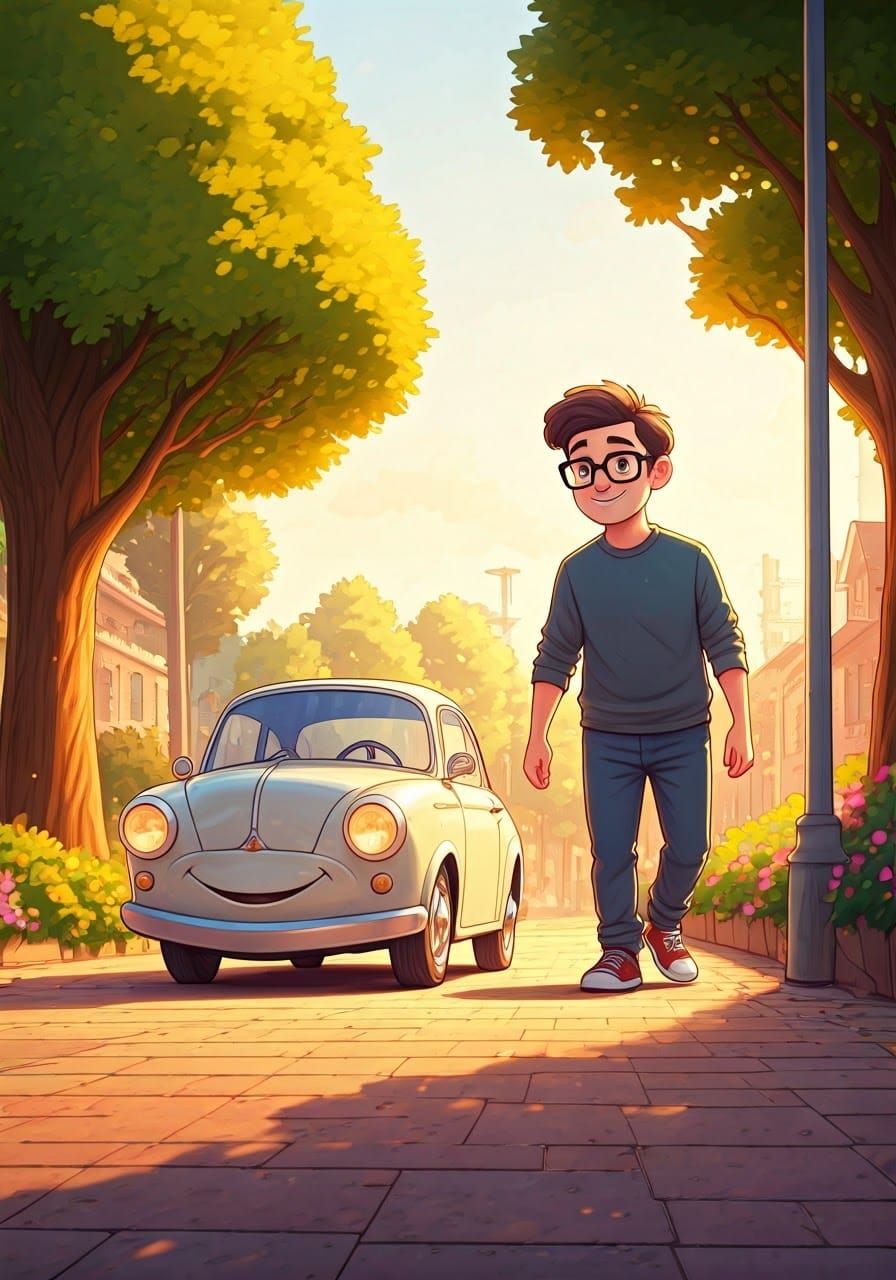 Man and His Whimsical Pet Car Stroll Through a Vibrant Citys...