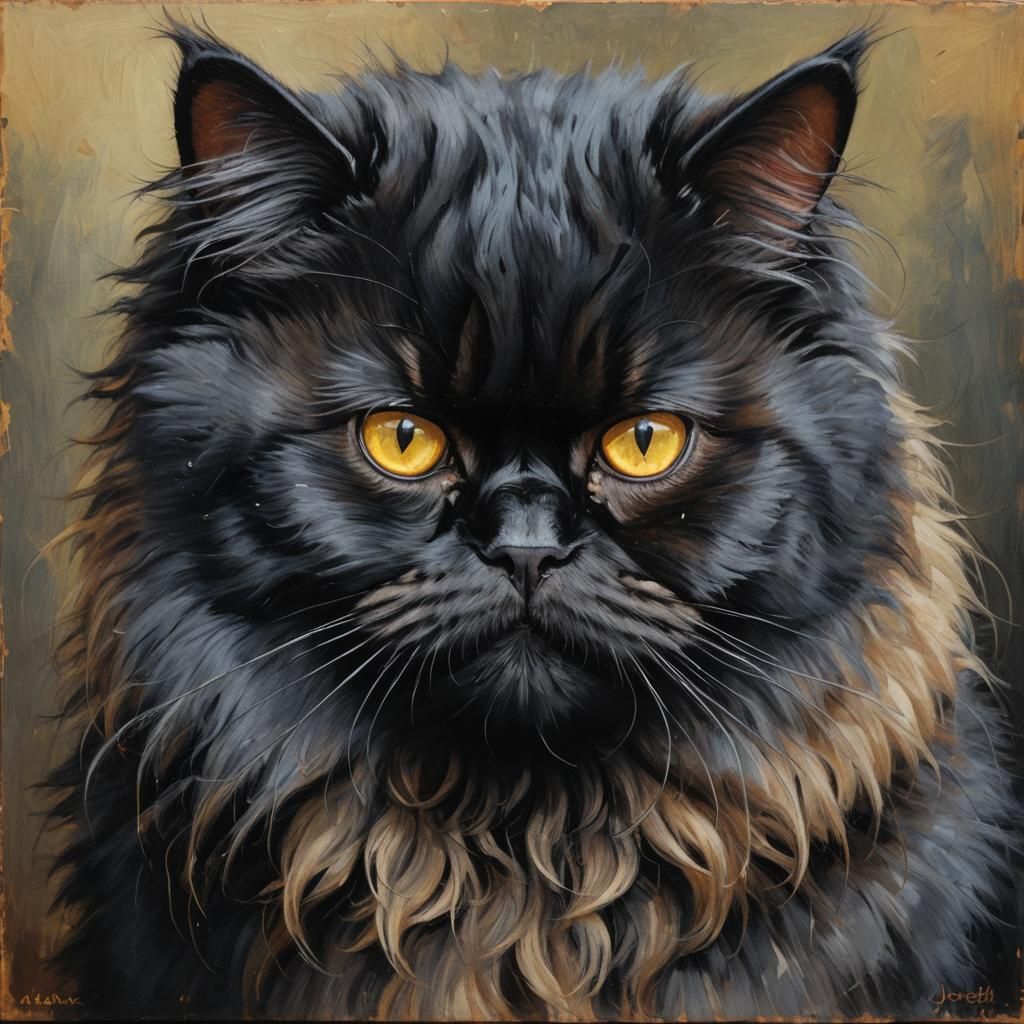 Black Persian Cat in Oil Painting Style