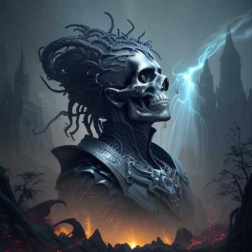 A metallic human vampire skull adorned with hanging fibre optic wires, rendered in the style of Jason de Graaf and James...