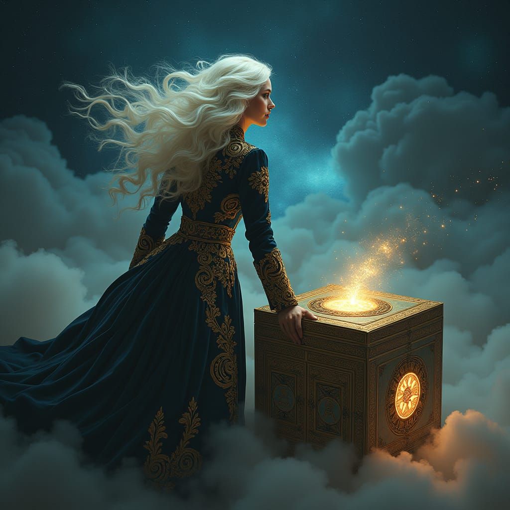Ethereal Woman Contemplates Cosmic Box in Starry Night Sky