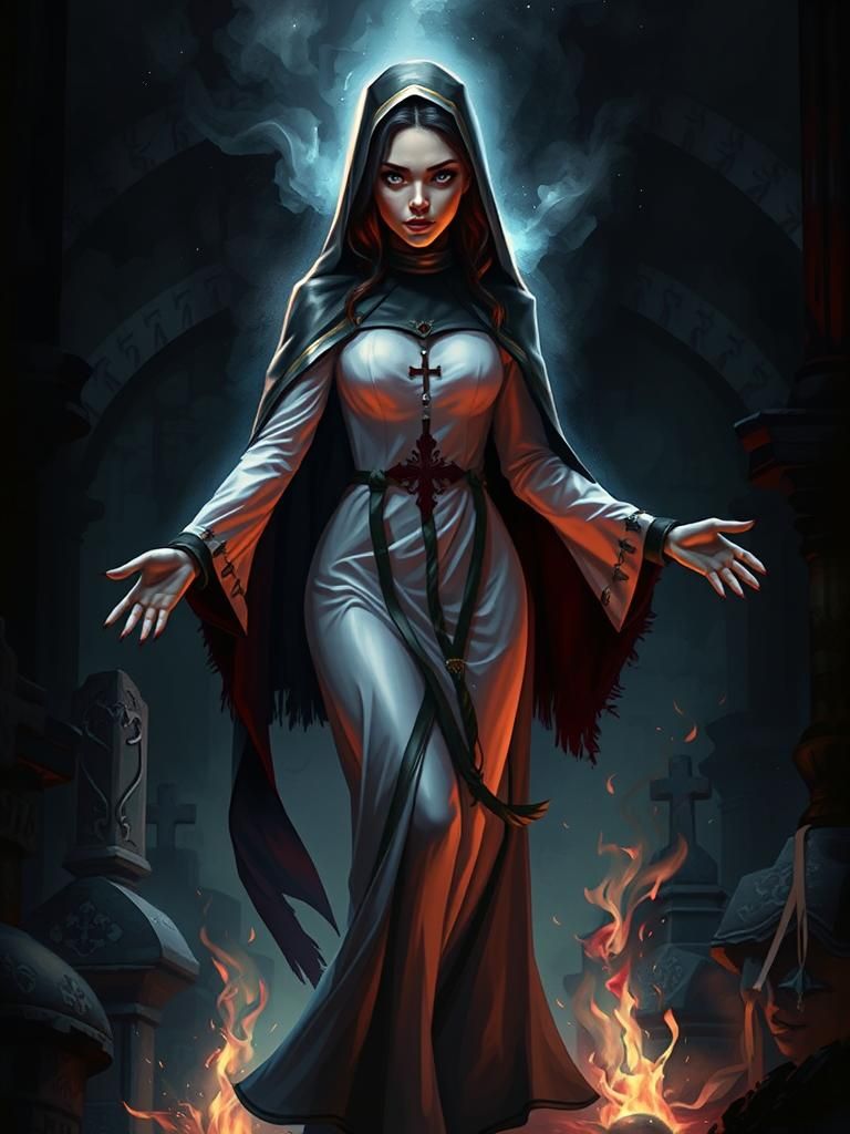 Nun in Cemetery, Digital Portrait in Vibrant Style