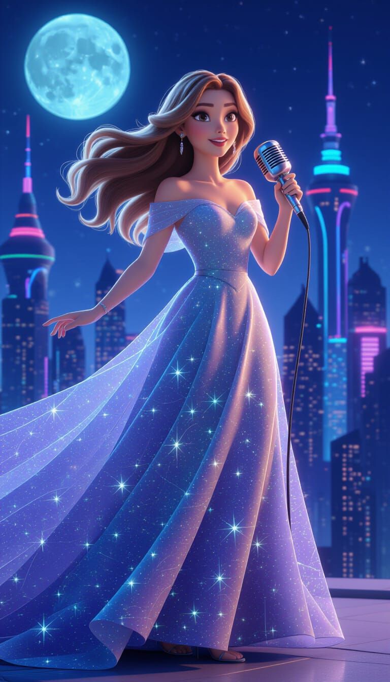 Futuristic Singer in Lunar Cityscape, 3D Animation