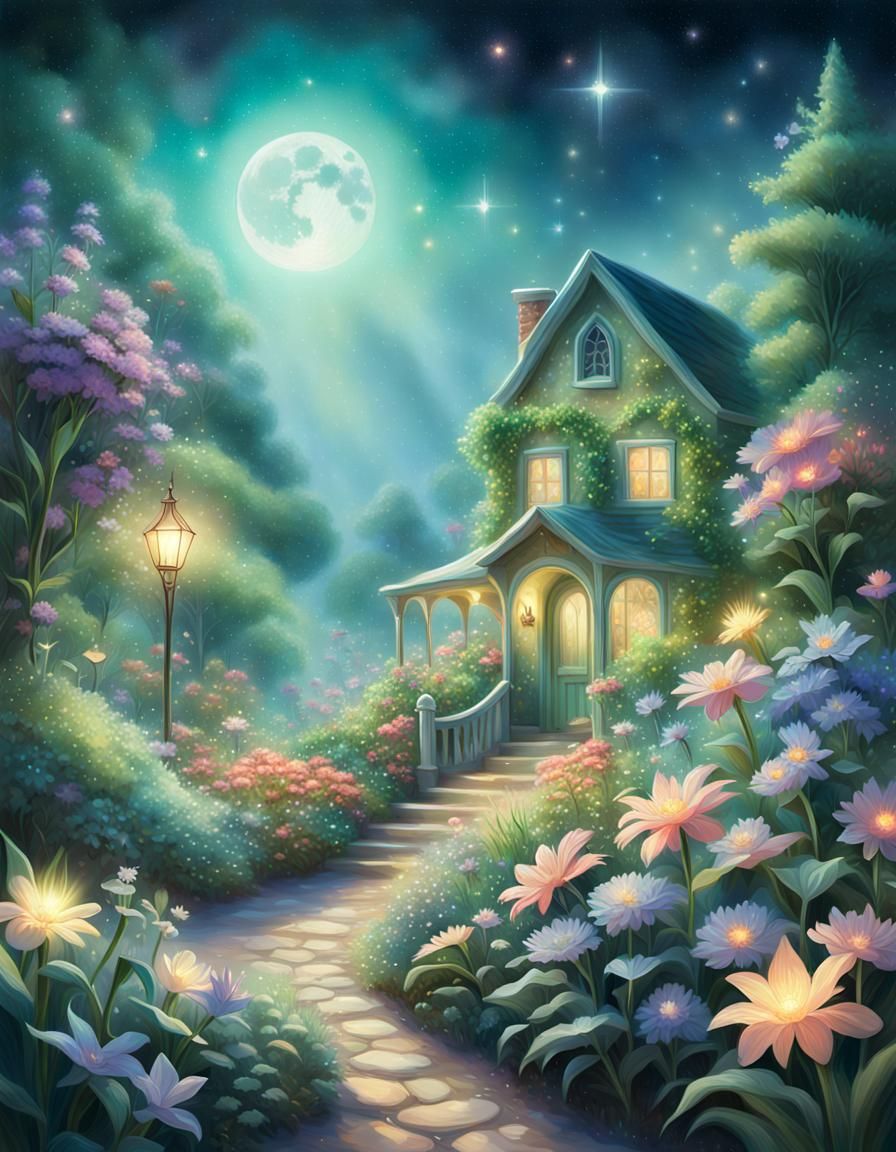 Moonlight Gardener Pruning Star in Mystical Garden