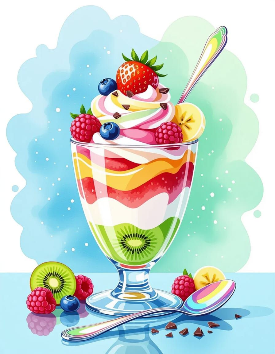 Rainbow Parfait with Berries in Illustrative Style