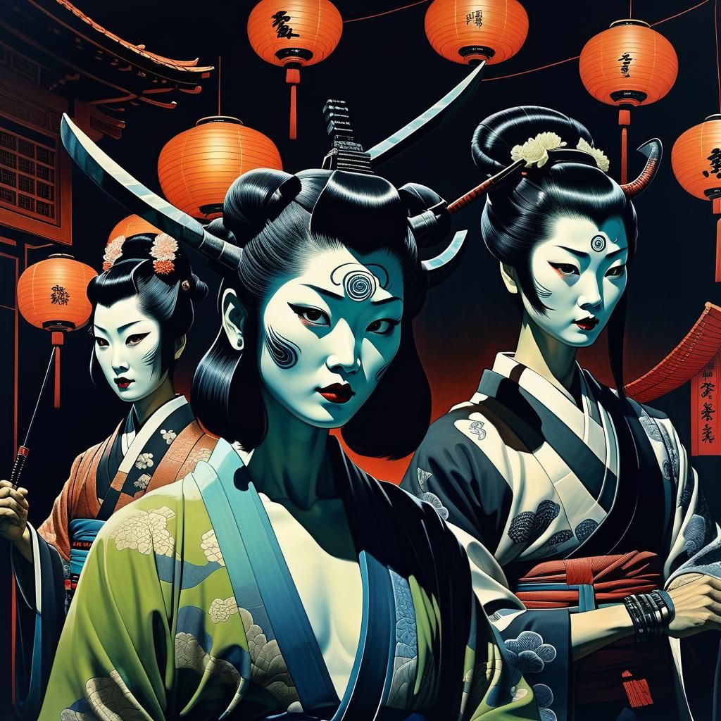 Black Light Dance Party in Ukiyo-e Style