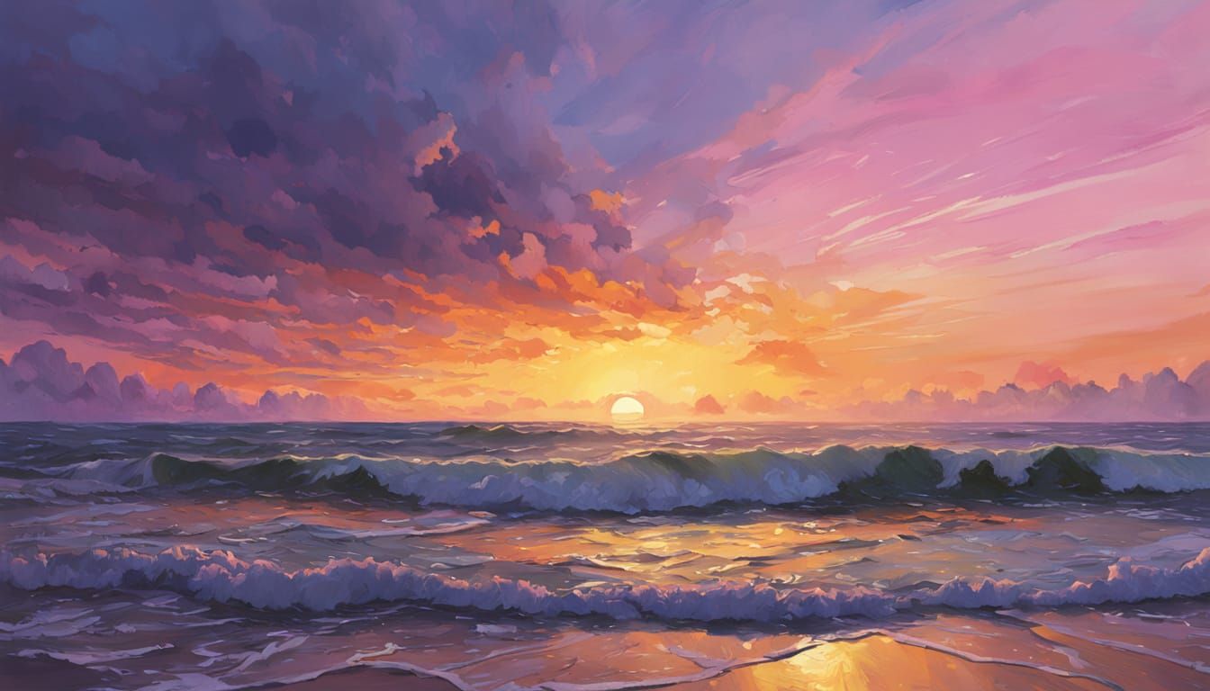 Gouache Seascape Sunset with Thick Brush Strokes