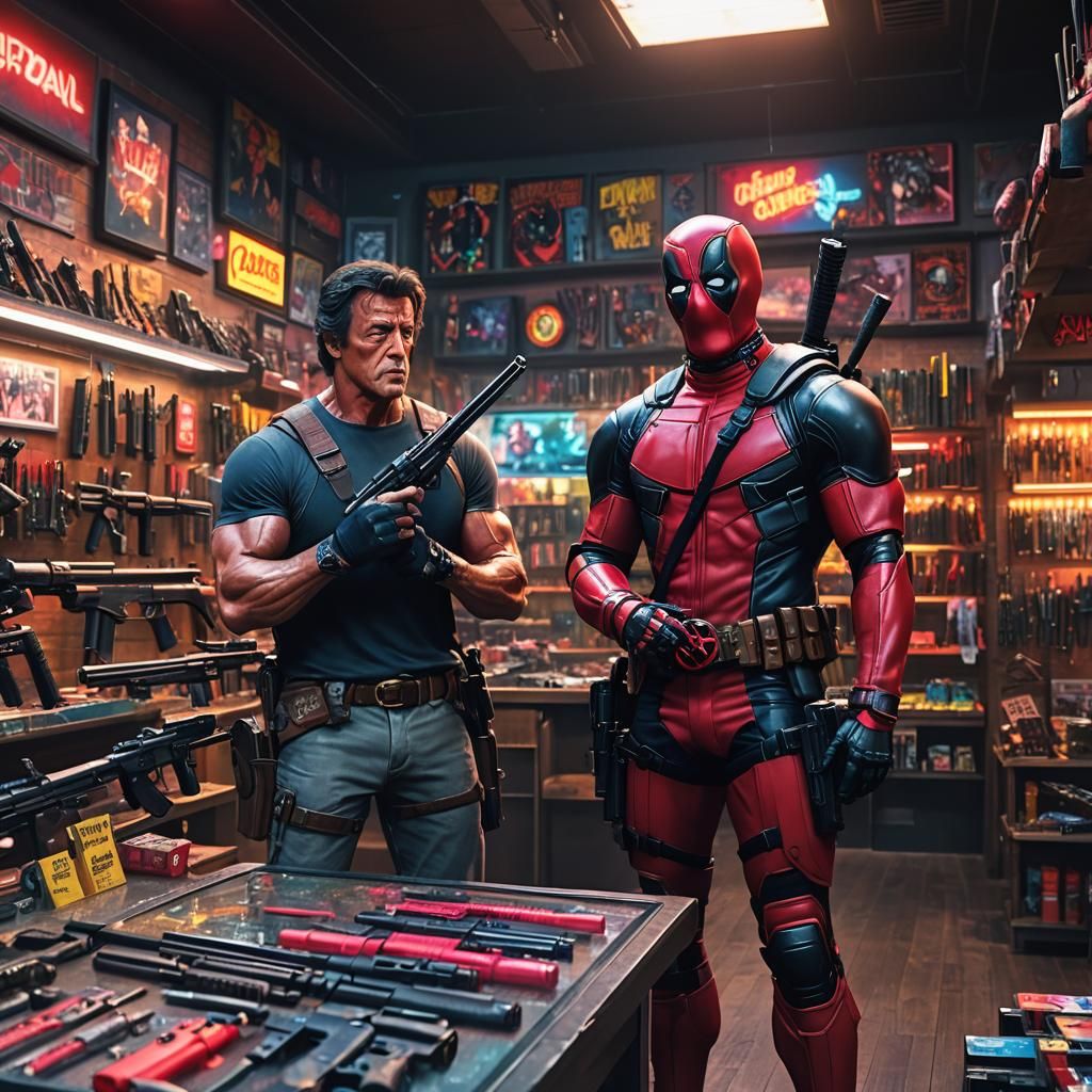 Stallone and Deadpool Browse Guns, Comic Book Style